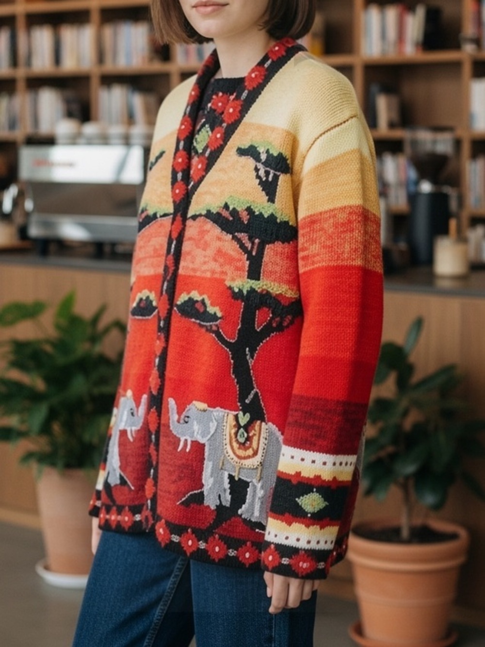 Vintage Handknit Elephants in the African Serengeti Desert Cardigan Sweater